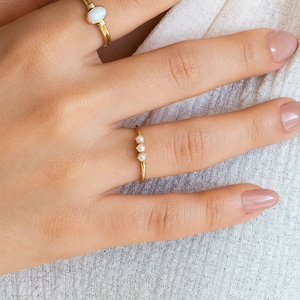 Pearl Ring in 14k Solid Gold | Three Pearl Gold Ring | Freshwater Pearl Ring | Dainty Wedding Ring | Gift Women | Minimalist Promise Rings