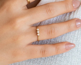 Pearl Ring in 14k Solid Gold | Three Pearl Gold Ring | Freshwater Pearl Ring | Dainty Wedding Ring | Gift Women | Minimalist Promise Rings