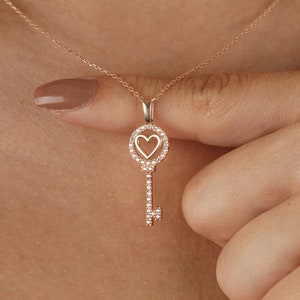 14k Solid Gold Diamond Heart Key Pendant Necklace for Women - Heart Key Lock Necklace - Love Necklace - Girlfriend Gift - Gift for Her