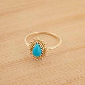 14k Solid Gold Turquoise Ring, Pear Shaped Blue Turquoise Gemstone Ring, Antique Victorian Turquoise Jewelry for Women, Christmas Gift Her