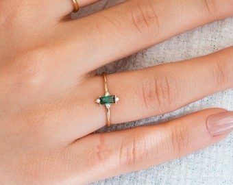14k Real Solid Gold Emerald Ring | Unique Baguette Gold Jewelry | Dainty Gold Jewelry | Green Emerald Ring |  Gift for Women | Wedding Gift