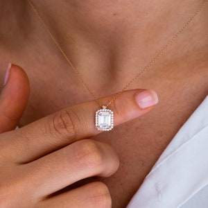 14k Solid Gold Diamond Necklace | Dainty Emerald Cut Pendant Necklace | Minimalist Necklace | Square Diamond Pendant Necklace Jewelry