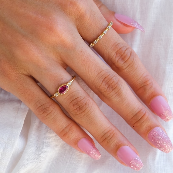 14k Real Gold Ruby Ring | Red Ruby Ring | Oval Shape Ruby Ring | Diamond Ring | Engagement Ring | Minimalist Gold Ring | Birthstone Rings