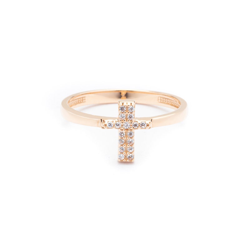 14k Solid Gold Cross Ring for Women Classic Crucifix Cross Ring Diamond Cross Ring Diamond Pave Ring 14K Real Gold Christian Jewelry image 3