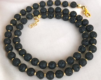 Elegant lava stone necklace gold choker, Lava necklace with stainless steel, Black lava necklace for women, Black lava rock beaded necklaces