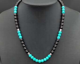 Native Americans Turquoise Beaded Necklace Silver Hematite & Onyx Gemstone Jewelry