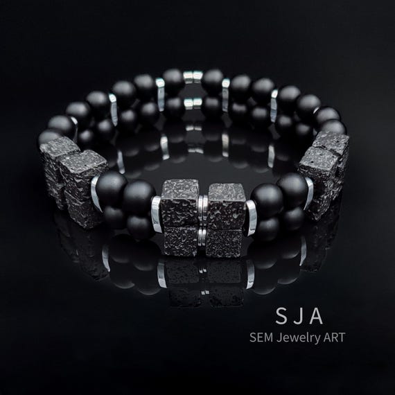 Handmade Cube Lava Bracelet | Silver Hematite & Matte Onyx | Protective Energy Jewelry