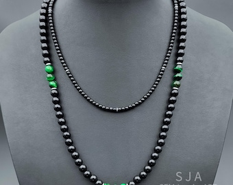 Mens Green Tiger Eye Layered Necklace Set: Silver Beaded Multistrand Statement Choker
