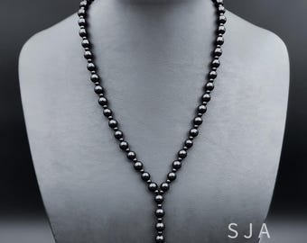 Men’s Black Onyx Endless Necklace: 8mm & 4mm Gemstone Beads with Onyx Pendant - Tassel