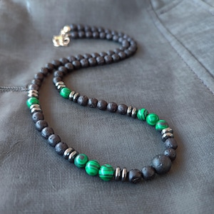 Genuine Malachite Crystal Stone Necklace - Natural Malachite Necklace Pendant - Black Malachite Necklace - Modernist Lava Gemstone Jewelry