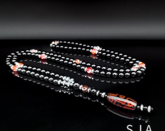 Red Tibetan Agate 108 Mala Necklace: 9 Eyes Pendant, Hematite & Onyx Beads