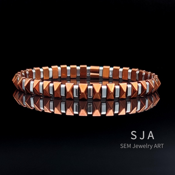 Pulsera de hematita con forma de pirámide de cobre / Joyería de cuentas de hematita plateada / Pulsera unisex de regalo