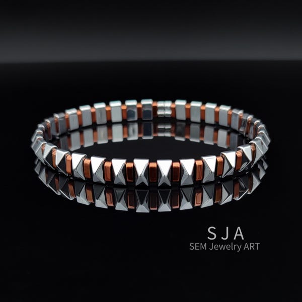 Pulsera de hematita de dos tonos para hombre / Piedra de plata y cobre / Joyería elástica en capas