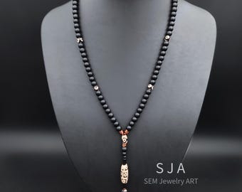 Onyx Mala Necklace: Copper Hematite, Tibetan Agate Pendant, 108 Beads