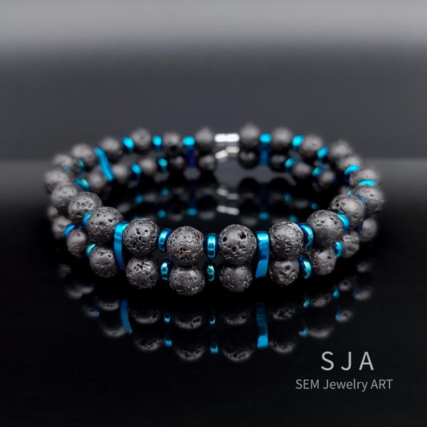 Pulsera de piedra de lava natural: joyería de hematita azul para hombres y mujeres