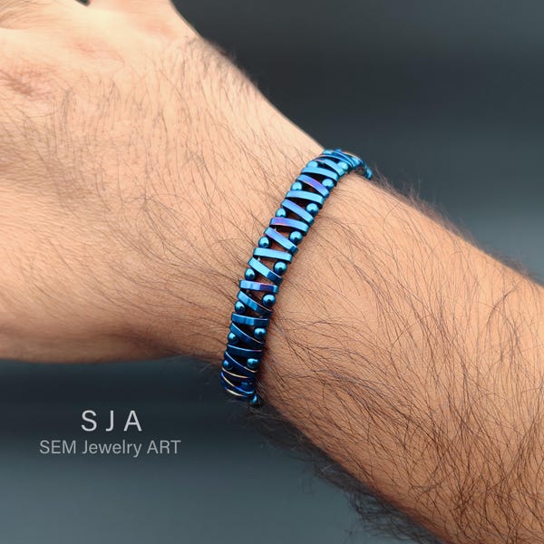 Pulsera azul de lujo para hombre / Pulsera de hematita auténtica / Brazalete de cuentas artesanal