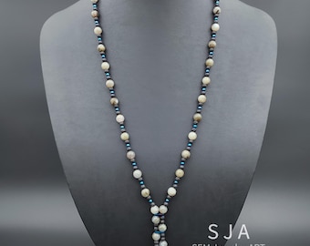 Blaue Edelsteinperlenkette für Männer | Labradorit Hämatit & Lavastein Anhänger | Handmade Schmuck