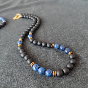 Lapis Lazuli Choker Necklace Man and Woman, Men Beaded Necklace, Gemstone Crystal Necklace, Silver-Gold Hematite, Black Blue Stone Jewelry