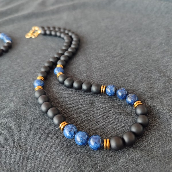 Lapis Lazuli & Matte Onyx Beaded Necklace with Hematite Accents