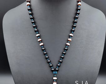 Boho Tibetan Agate Pendant Necklace – Onyx & Blue Hematite Bead Jewelry