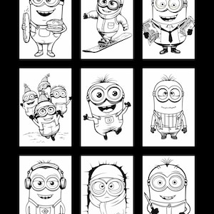 Peut inclure: Neuf illustrations en noir et blanc de Minions dans diff&eacute;rentes poses. Les Minions portent des v&ecirc;tements d'hiver, tiennent de l'argent, jouent de la musique et lisent un livre.
