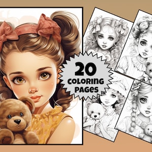 Girls with Teddy Coloring Book, Teddy Bear Coloring Sheet, Coloring Pages for Adult and Kids, Digital Download