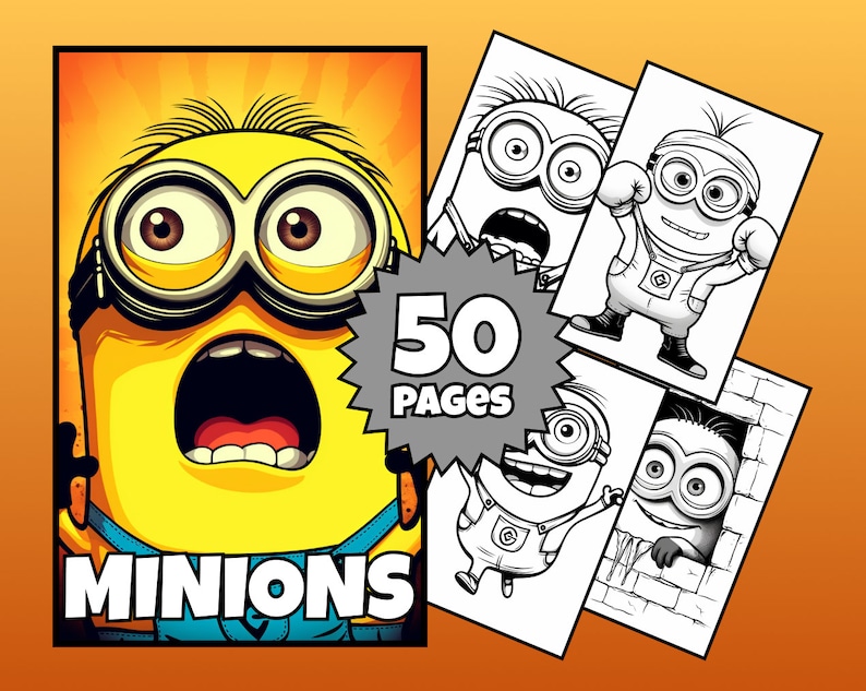 Peut inclure: Un livre de coloriage avec 50 pages de personnages de Minions. La couverture pr&eacute;sente un Minion jaune avec des lunettes et une bouche grande ouverte. Le texte "MINIONS" est imprim&eacute; en grandes lettres audacieuses sous le Minion.