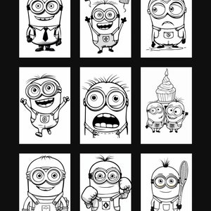 Peut inclure: Neuf illustrations en noir et blanc de Minions de la franchise Moi, Moche et M&eacute;chant. Les Minions sont dans diff&eacute;rentes poses, notamment en tenant une raquette de tennis, des gants de boxe et un cupcake. Certains Minions portent des lunettes et des salopettes.