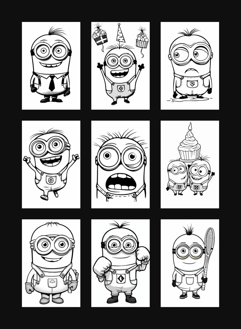 Peut inclure: Neuf illustrations en noir et blanc de Minions de la franchise Moi, Moche et M&eacute;chant. Les Minions sont dans diff&eacute;rentes poses, notamment en tenant une raquette de tennis, des gants de boxe et un cupcake. Certains Minions portent des lunettes et des salopettes.