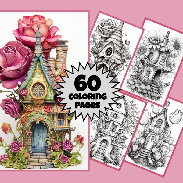 Flower Fairy House Coloring Book, Fairy House Coloring Pages PNG, Grayscale Coloring for adults and kids