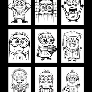 Peut inclure: Neuf illustrations en noir et blanc d'un personnage de minion dans diff&eacute;rentes poses. Le minion porte une salopette et des lunettes de protection. Le minion est repr&eacute;sent&eacute; en train de boxer, de regarder par un mur de briques, de tenir un appareil photo, de porter une toque et une robe de graduation, de tenir un bouquet de fleurs, de se tenir debout avec un ballon de football, et dans d'autres poses.