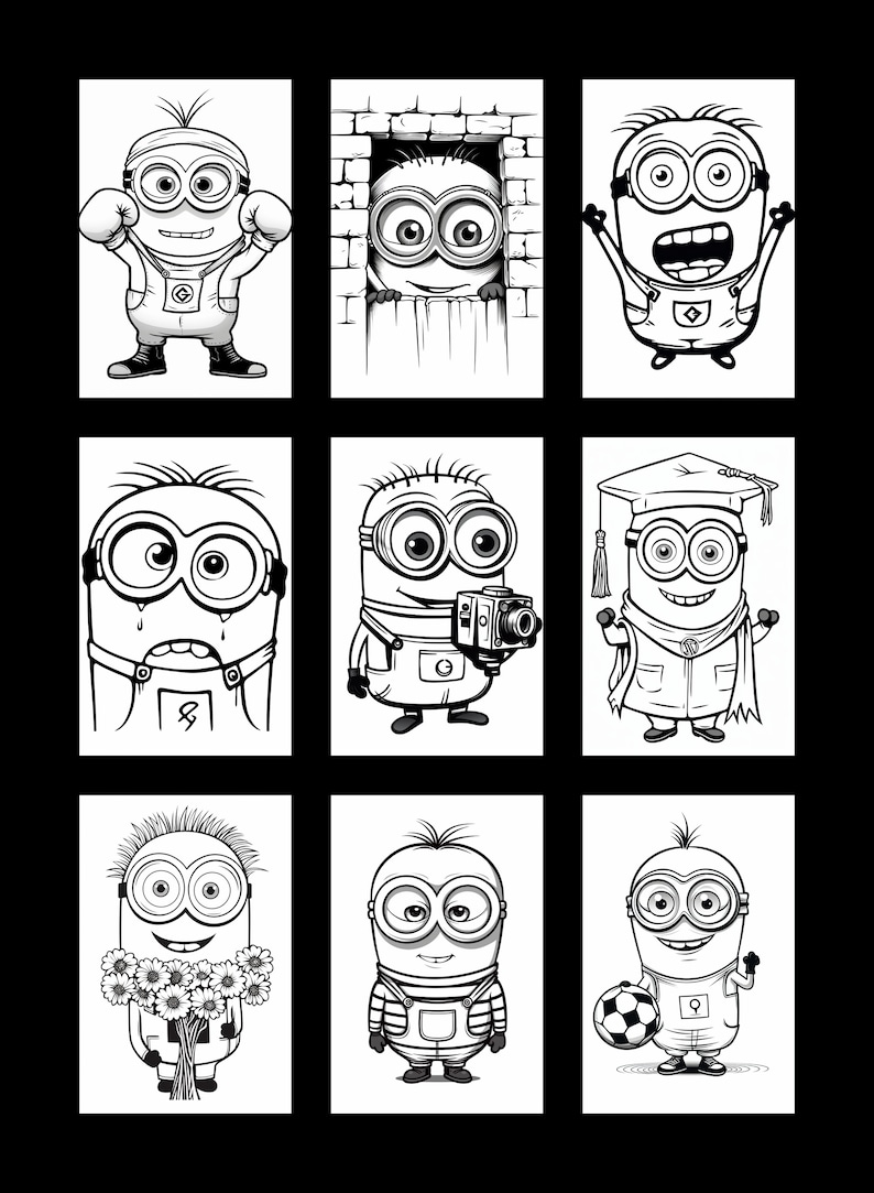 Peut inclure: Neuf illustrations en noir et blanc d'un personnage de minion dans diff&eacute;rentes poses. Le minion porte une salopette et des lunettes de protection. Le minion est repr&eacute;sent&eacute; en train de boxer, de regarder par un mur de briques, de tenir un appareil photo, de porter une toque et une robe de graduation, de tenir un bouquet de fleurs, de se tenir debout avec un ballon de football, et dans d'autres poses.