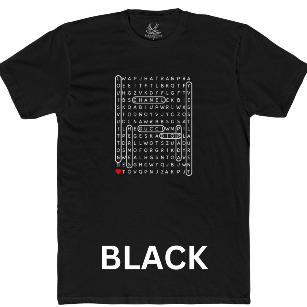 Designer Names Word Search Unisex Cotton Tee, Gucci Prada Louis Vuitton