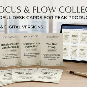 Focus & Flow-baliekaarten, mindfulness-prompts, productiviteitstools (digitale download)