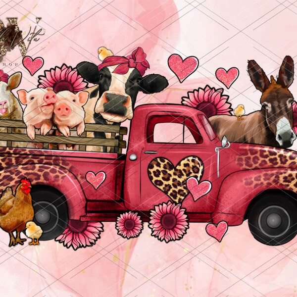 Pink Truck Farm Animals PNG / Cheetah Heart Truck PNG / V-Day PNG / Cute Valentine Sublimation