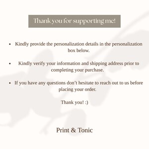 May include: A beige graphic with the text "Thank you for supporting me!" and bullet points with instructions. The Print & Tonic logo is at the bottom. The background has a floral design.