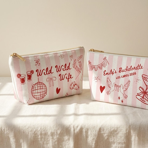 Custom Wild Wild Wife Makeup Bag, Wild Wild Wife Bachelorette Favors, Western Bachelorette Cosmetic Pouch, Disco Cowgirl Accessory Bag