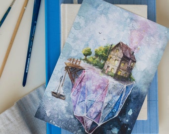 House on the glass island, art print, magical illustration, dream house