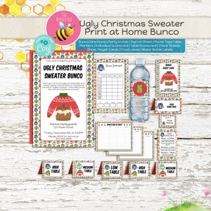 Feestelijke Bunco Ugly-kersttrui en scorecardset, digitale download