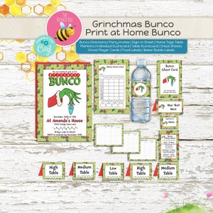 Può includere: Set di gioco Bunco Grinchmas stampabile con decorazioni a tema natalizio verde e rosso. Include inviti alla festa, schede di punteggio, fogli di trucco, cartellini identificativi e etichette per bottiglie d'acqua.