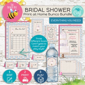 May include: A printable bridal shower bunco game bundle with a bee theme. The bundle includes three different scorecard designs, invitations, and water bottle labels. The text "The Bunco Bee" and "Personalize with Coryl" are visible in the image.