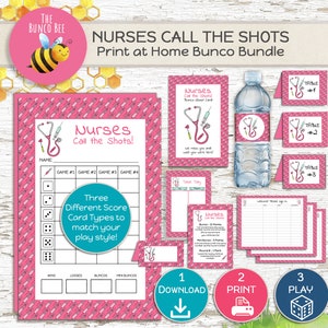 May include: A printable Bunco game set with a pink and white color scheme and a nurse theme. The set includes scorecards, table cards, and a welcome sign. The text on the scorecard says "Nurses Call the Shots!" and the text on the table cards says "Table #1, #2, #3".