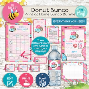 Donut Bunco Party Pack | Printable Bunco Score Sheets, Invitations, Table Tents & Water Bottle Labels