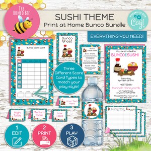 May include: A printable sushi-themed Bunco game bundle in blue and teal colours. The bundle includes a scorecard, invitation, sign-in sheet, and table cards. The text "You are invited to Bunco & Sushi" is featured on the invitation.
