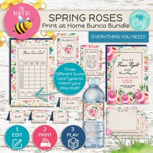 May include: A printable Bunco game bundle featuring a spring rose theme. The bundle includes scorecards, invitations, and water bottle labels. The invitation text reads "Bunco Night".