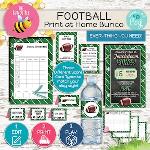 May include: Printable football-themed Bunco game set. Includes scorecards, invitations, and table cards. The design features a football field background with green and white stripes, football illustrations, and the text "Football Print at Home Bunco".