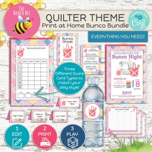 May include: A printable Bunco game bundle with a quilting theme. The bundle includes scorecards, invitations, sign-in sheets, and table cards. The design features a pink and yellow patchwork pattern with a sewing machine and a fabric bag.
