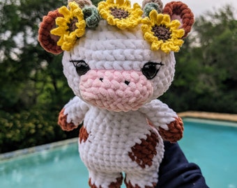 Amigurumi Sunflower Cow Plushie: Made-to-Order | Handmade Crochet Animal