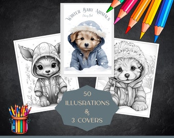 Winter Baby Animals Coloring Book: 50 Grayscale Pages (PDF Download)