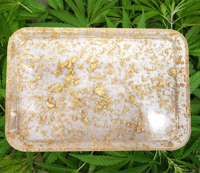 4 PC SET. Rolling Tray With Gold Flakes, Ashtray, Stash Jar, Grinder